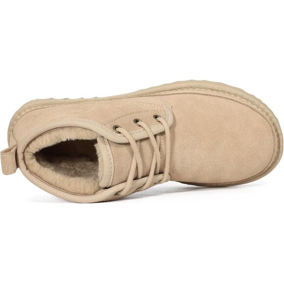 Women's Tan Genuine Suede Mini Fur Lined Ankle Boots Short Lace Up Snow Boots - Picture 4 of 7